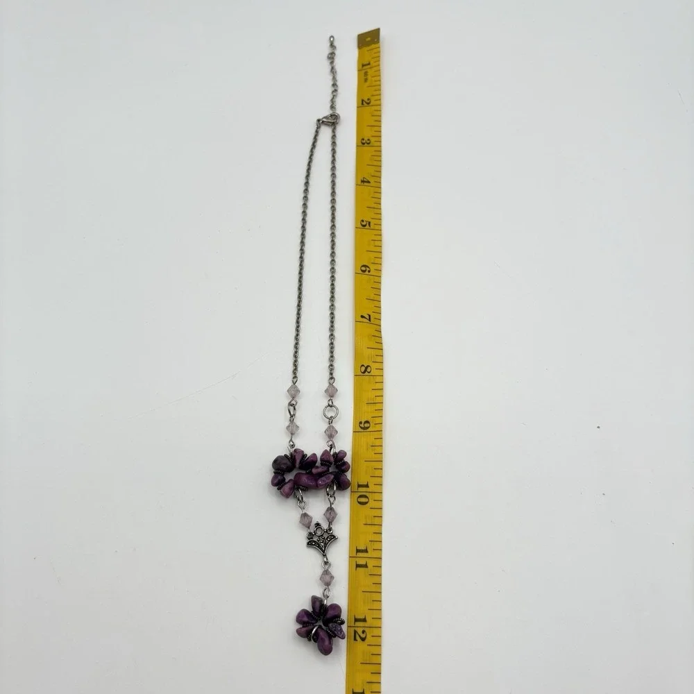 Purple Flower Y Drop Necklace‎ Silver Tone Chain Beaded Pendant Fashion Jewelry